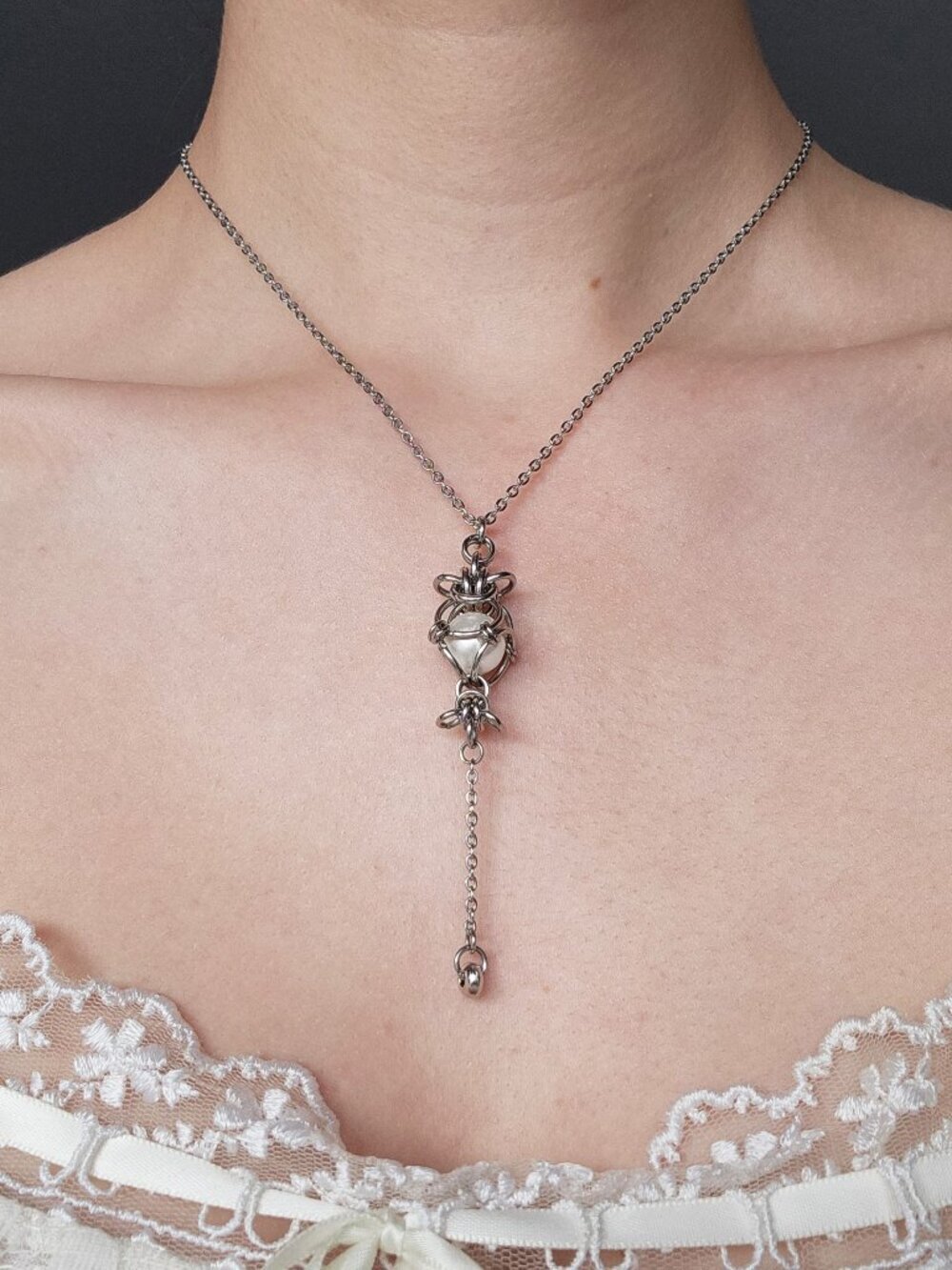 Vintage white pearl and silver rosary necklace with a small silver chain